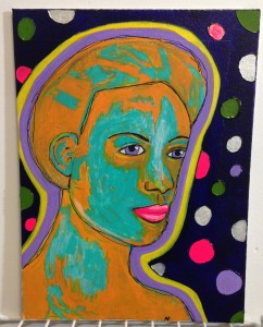 Painting of a womans face in teal  orange